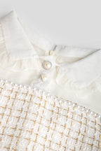 Mesh Yoke Peter Pan Collar Balloon Sleeve Tweed Pearl Trim Mini Dress
