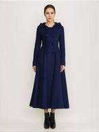 Woolen Flared Coat With Hood Dark Navy Double-breasted Elegant A-line Winter Long Outerwear For Women 2026