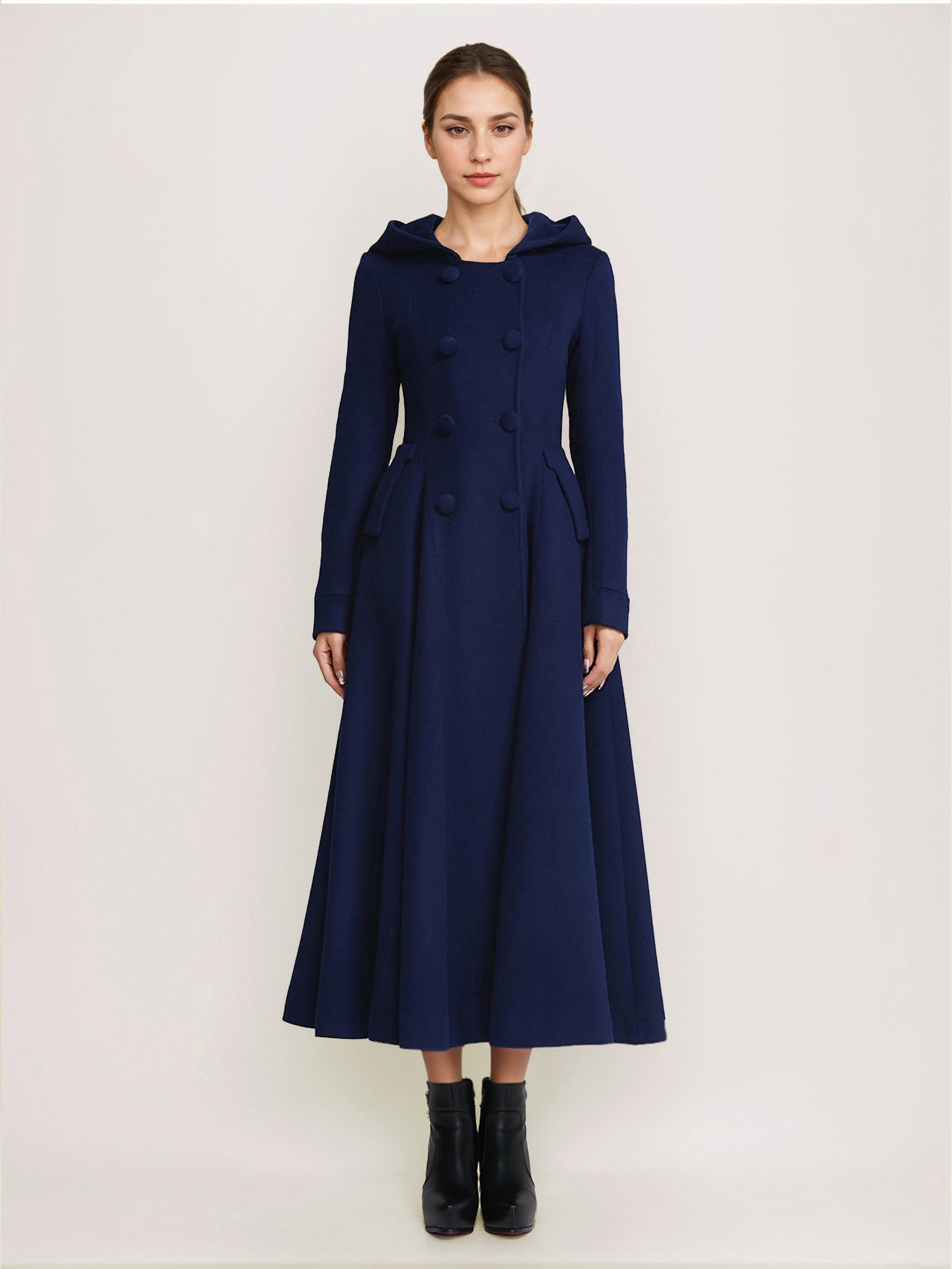 Woolen Flared Coat With Hood Dark Navy Double-breasted Elegant A-line Winter Long Outerwear For Women 2026