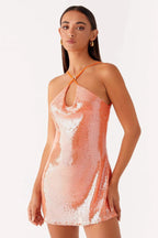 Sequin Cowl Neck Halter Ring Detail Backless Bodycon Mini Dress