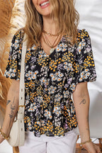 Floral Print V Neck Smocked Babydoll Blouse
