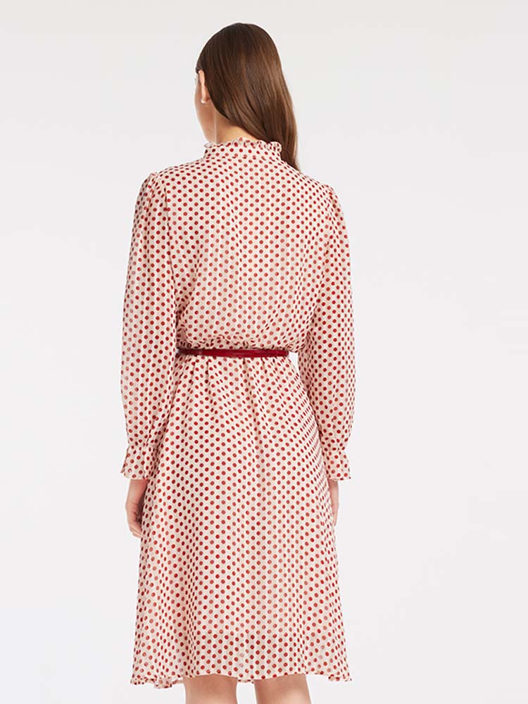 Polka Dot Mock Neck Button Front Ruffle Cuff Fit and Flare Midi Dress