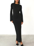 Solid Backless Trumpet Sleeve Maxi Dress