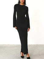 Solid Backless Trumpet Sleeve Maxi Dress