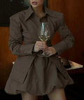 Brown Nylon Lapel Mini Skirt Office Two Piece Set