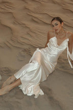 Satin Cowl Neck Rosette Applique Ribbon Tie Slip Maxi Dress