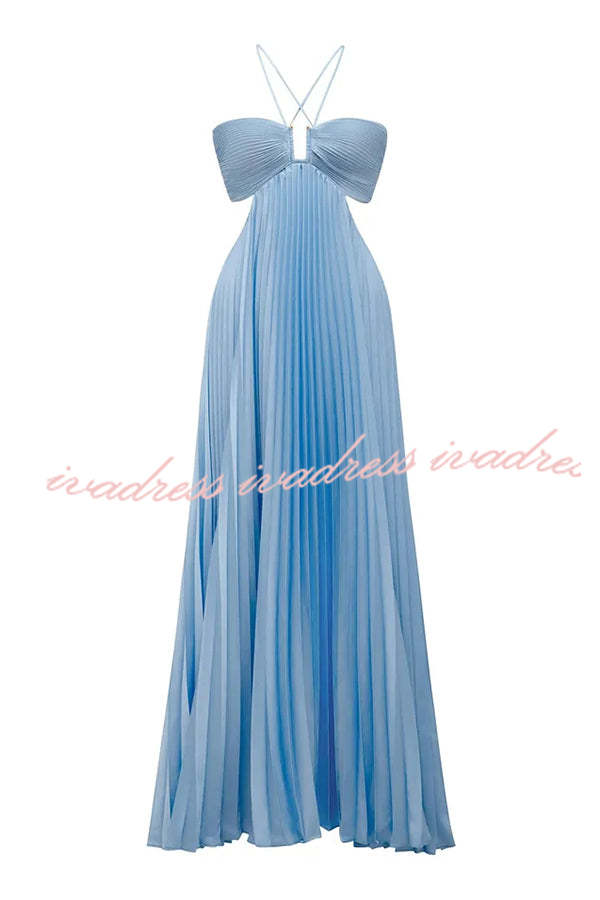 Caught Your Eye Satin Pleated Cross Straps Cutout Flowing Maxi Dress