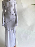 Mock Neck Long Sleeve Thumbhole Ribbed Knit Exposed Seam Bodycon Maxi Dress