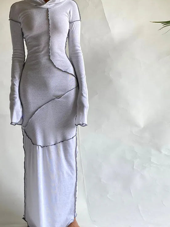 Mock Neck Long Sleeve Thumbhole Ribbed Knit Exposed Seam Bodycon Maxi Dress