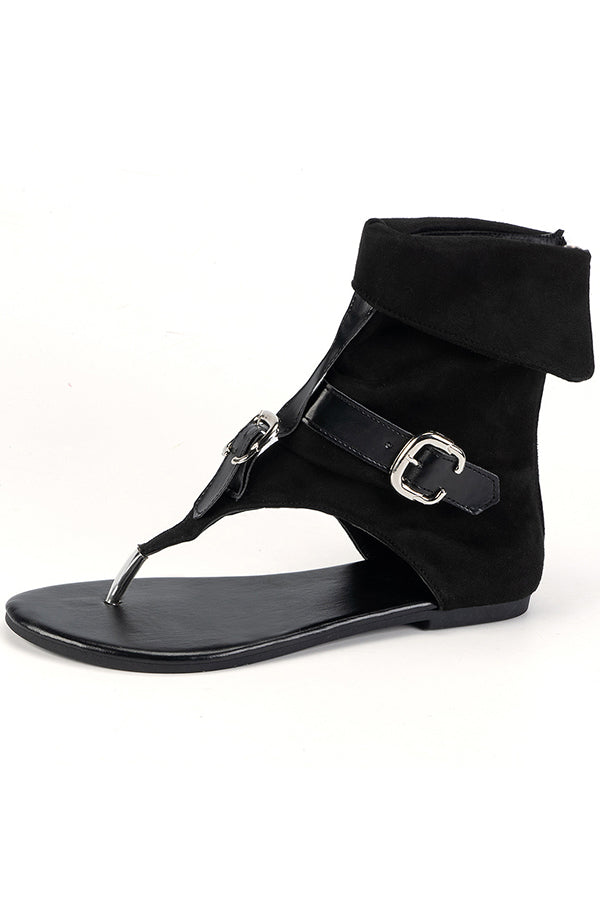 High-top Flat Denim Thong Sandals with Buckle Straps.