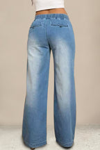 Stylish Elastic Waist Drawstring Pocket Casual Straight Wide-leg Jeans