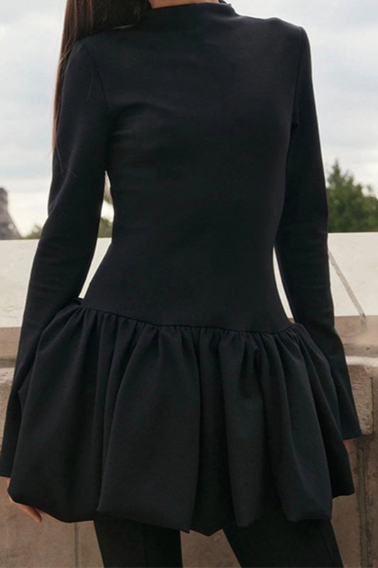 Long Sleeve High Neck Bubble Hem Fit and Flare Mini Dress