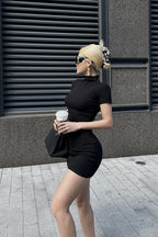 Mock Neck Short Sleeve Ribbed Knit Bodycon Mini Dress