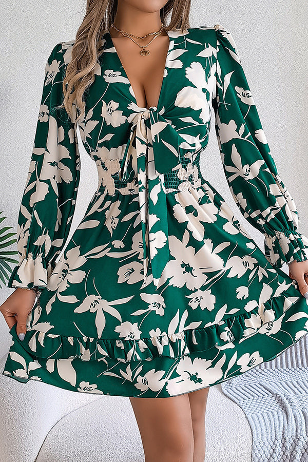 Floral Print Tie Front Deep V-Neck Smocked Waist Tiered Ruffle Mini Dress