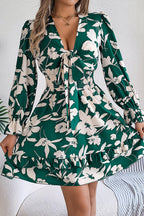 Floral Print Tie Front Deep V-Neck Smocked Waist Tiered Ruffle Mini Dress