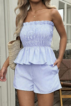 Striped Printed Sleeveless Off-shoulder Ruched Top and Elastic Waist Casual Pocket Shorts Set