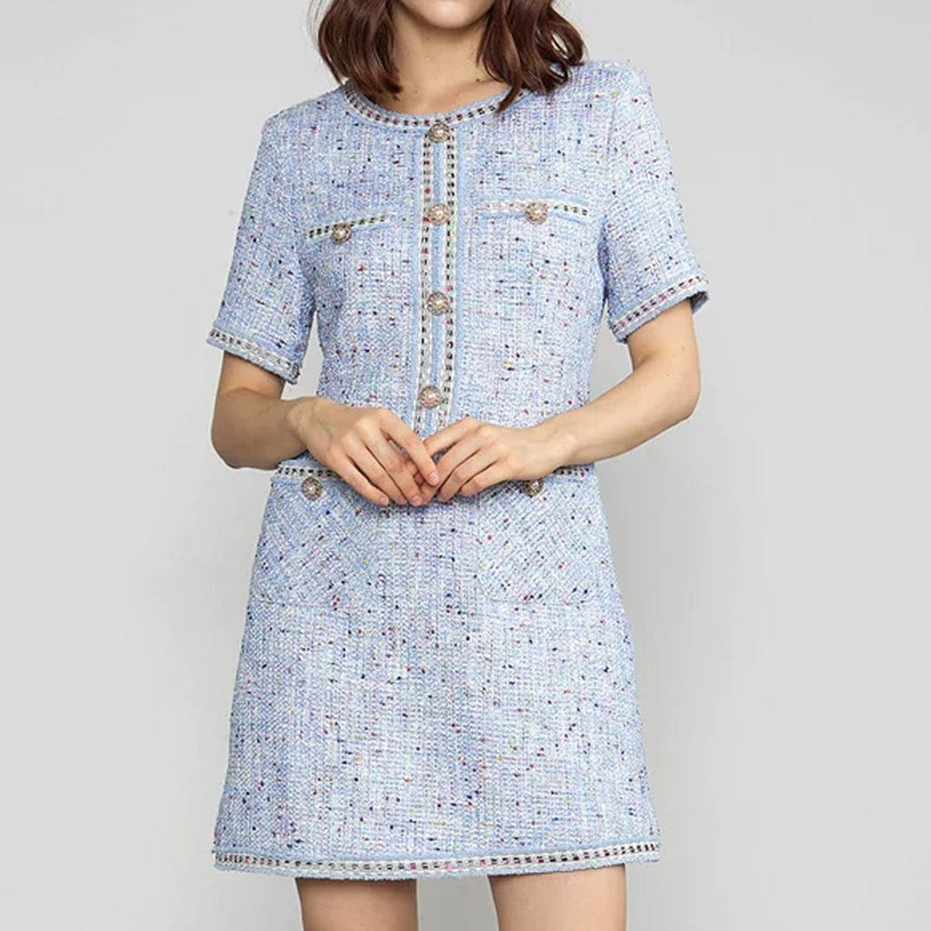Round Neck Tweed Button Front Flap Pocket Braided Trim Mini Dress