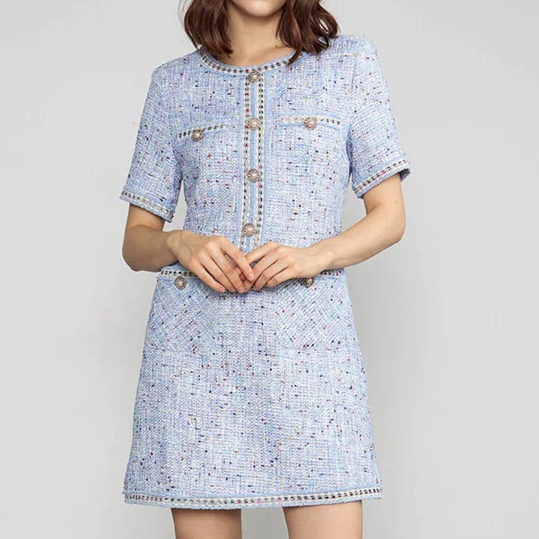Round Neck Tweed Button Front Flap Pocket Braided Trim Mini Dress