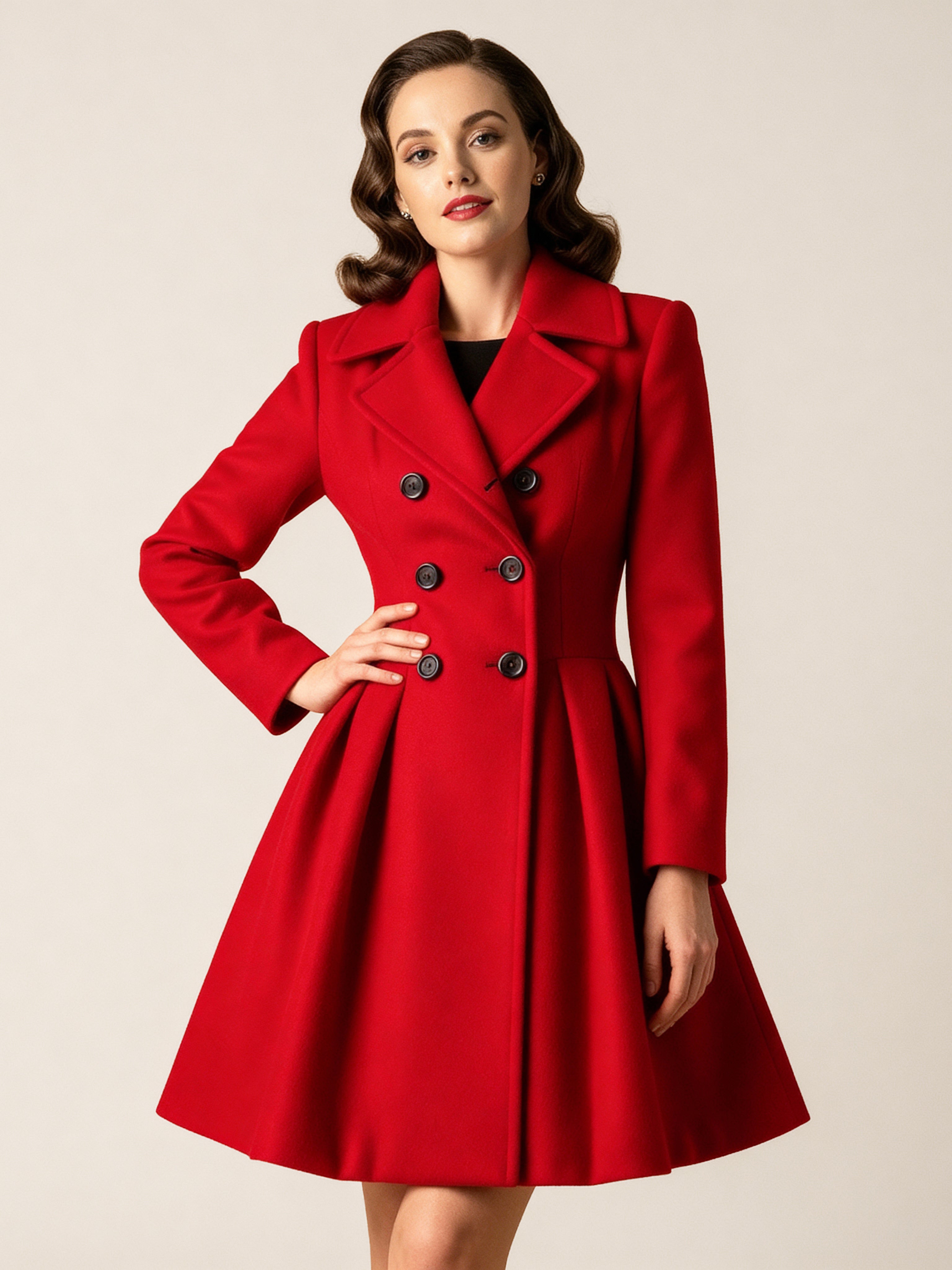 Retro Red 1950s Double-Breasted A-line Woolen Coat For Women 2026