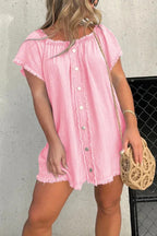 Off Shoulder Denim Button Front Frayed Trim Shift Mini Dress