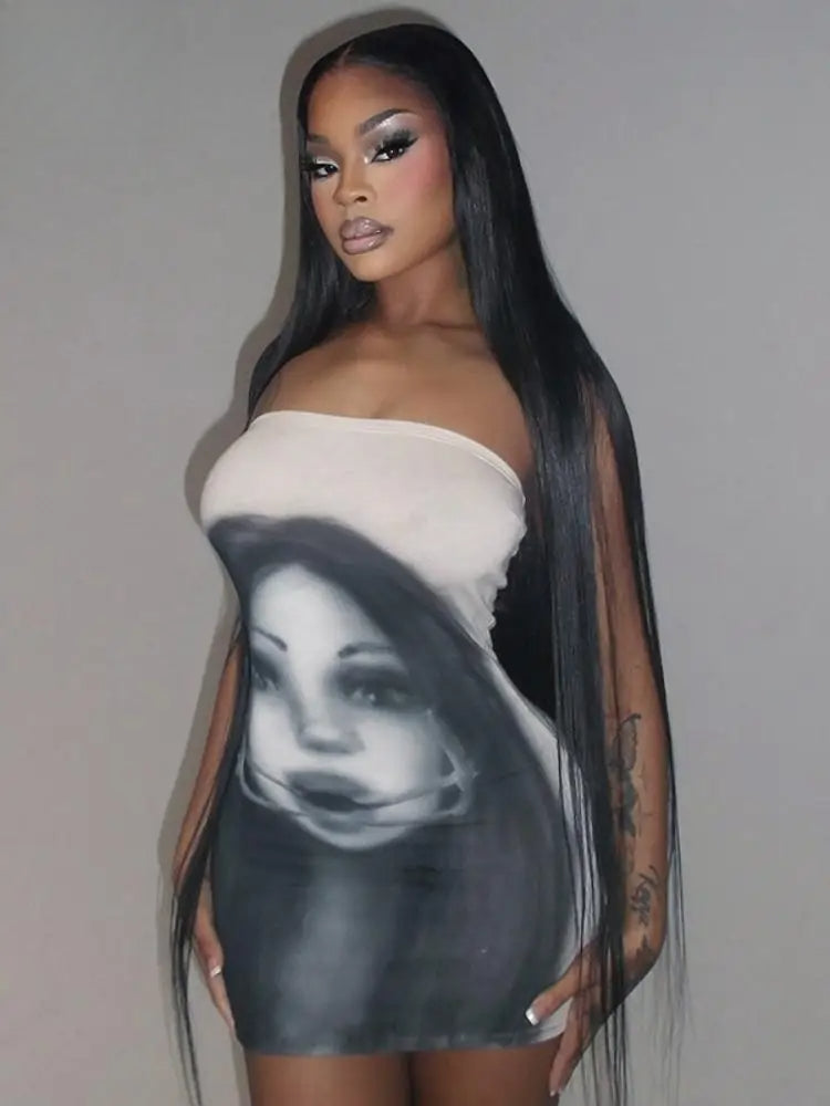Strapless Graphic Print Bodycon Mini Dress