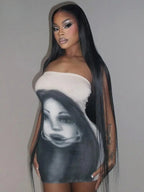 Strapless Graphic Print Bodycon Mini Dress