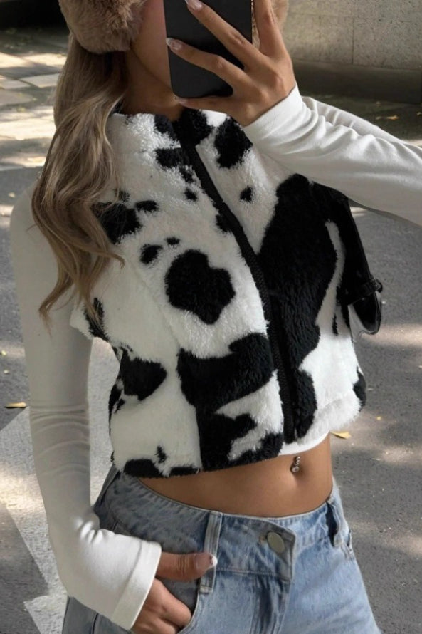 Cow Print Zipper Fuzzy Sleeveless Vest