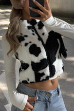 Cow Print Zipper Fuzzy Sleeveless Vest
