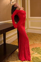 Lace Off Shoulder Ruffle Trim Long Bell Sleeve Vertical Panel Mermaid Maxi Dress