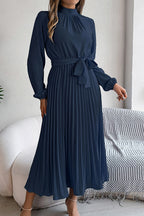 Mock Neck Lantern Sleeve Belted Pleated A-Line Midi Dress