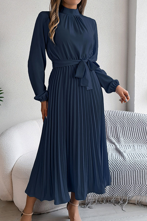 Mock Neck Lantern Sleeve Belted Pleated A-Line Midi Dress
