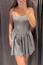Velvet Square Neck Corset Seam Gathered Fit and Flare Mini Dress