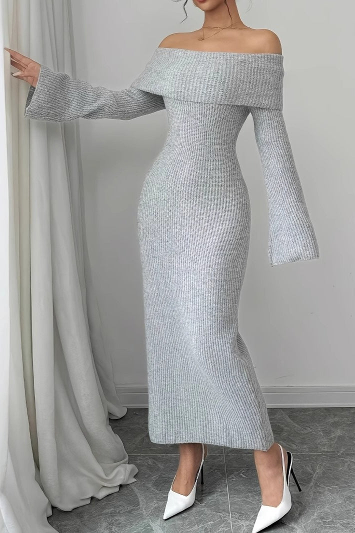 Off Shoulder Ribbed Knit Long Sleeve Bodycon Maxi Sweater Dress