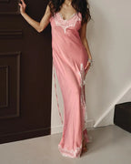 Satin Lace Trim Spaghetti Strap Deep V-Neck High Split Maxi Slip Dress