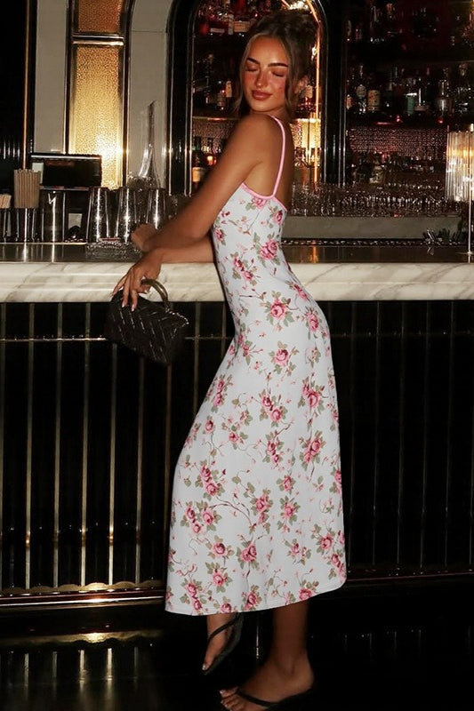 Pink Spaghetti Strap Deep V Lace Cup Floral Print Bodycon Maxi Dress