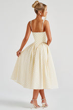Gingham Square Neck Basque Waist Pleated Fit and Flare Midi Dress