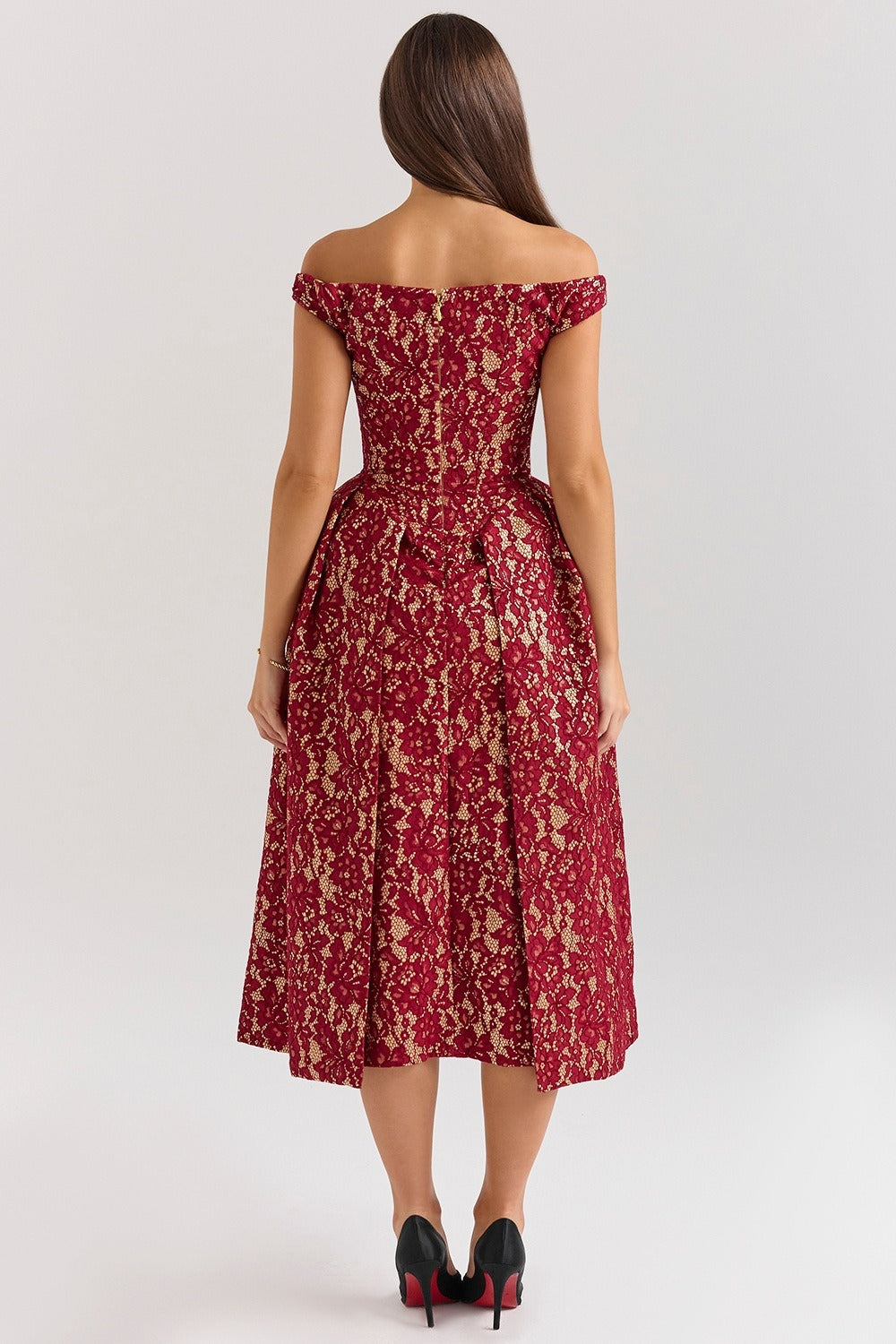 Off Shoulder Floral Lace Overlap Panel Fit and Flare Midi Dress