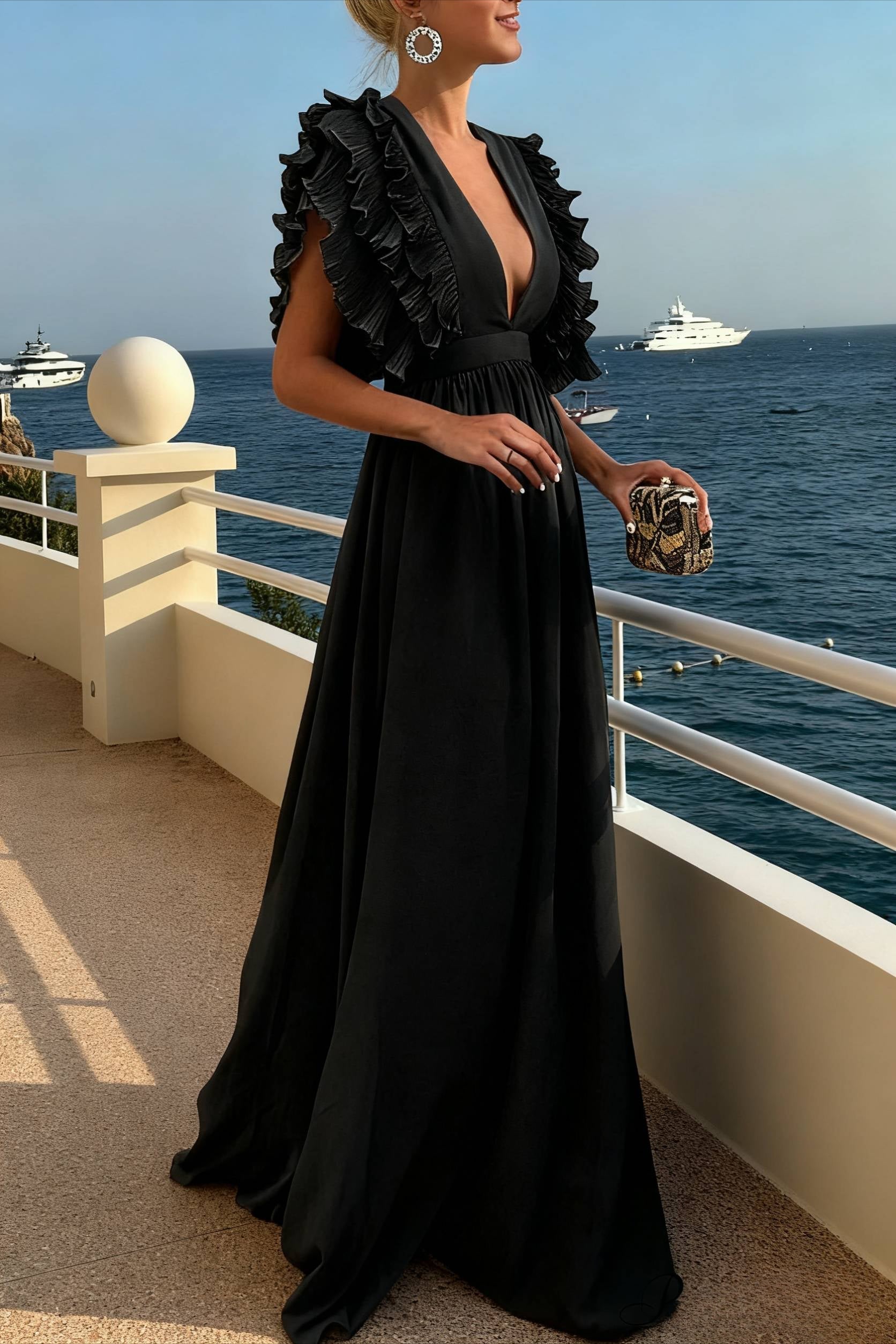 Deep V-Neck Flutter Sleeve Ruched Waistband A-Line Maxi Dress