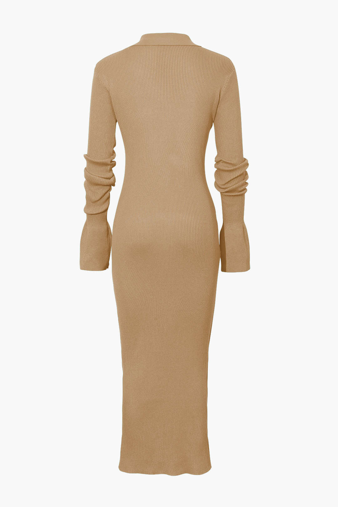 Rib Knit Polo Collar Button Front Flared Cuff Maxi Dress