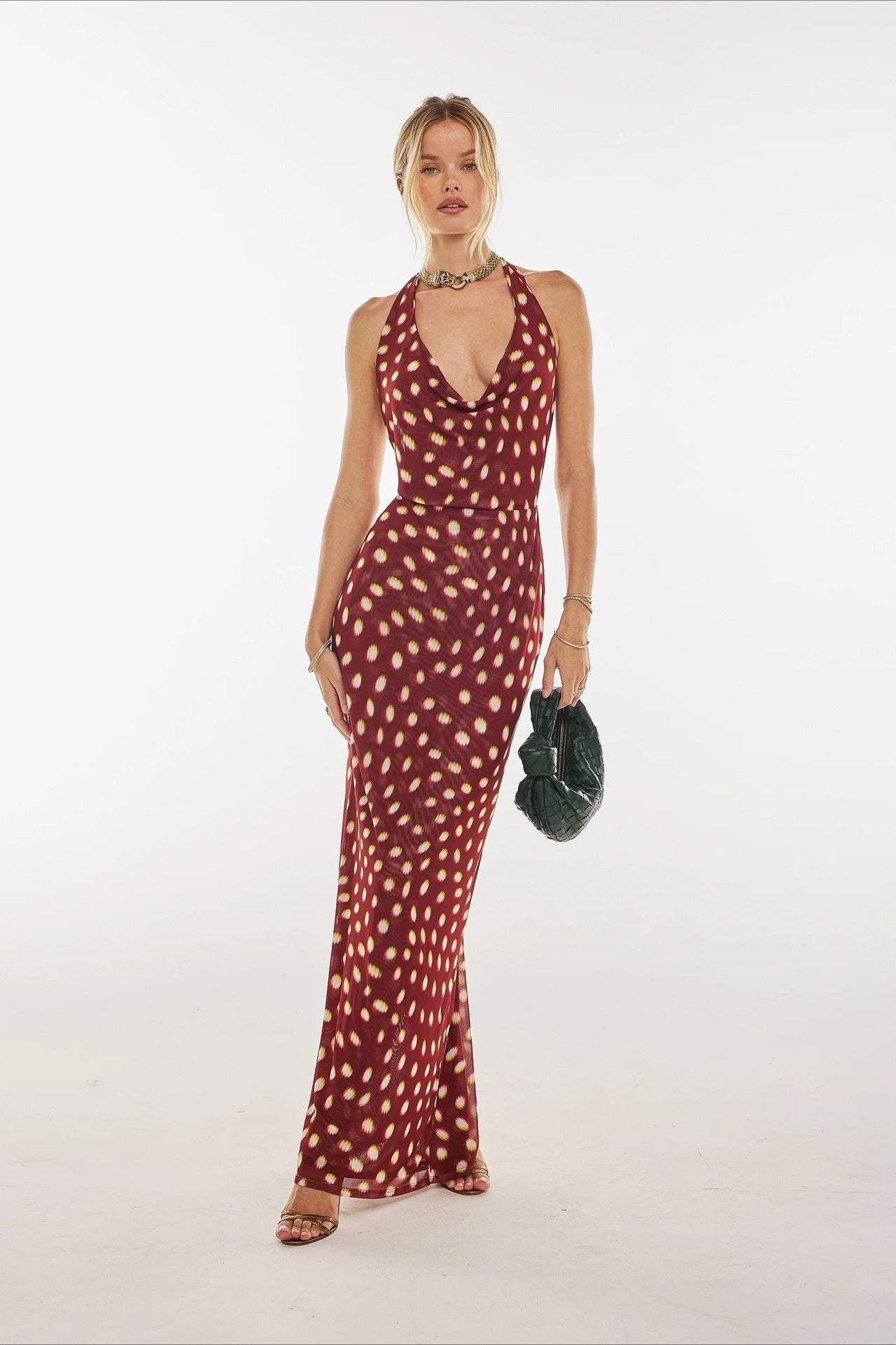 Red Halter Cowl Neck Dropped Waist Gathered Polka Dot Maxi Dress