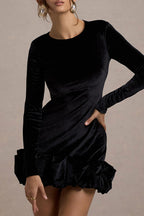 Velvet Pleated Hem Long Sleeve Party Dress