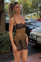Leopard Print Lace Trim Eyelash Lace Hem Spaghetti Strap Slip Mini Dress