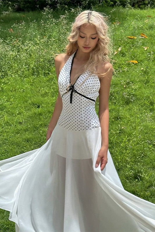 Polka Dot Halter Neck Deep V-Neck Bow Tie Sheer Overlay Maxi Dress