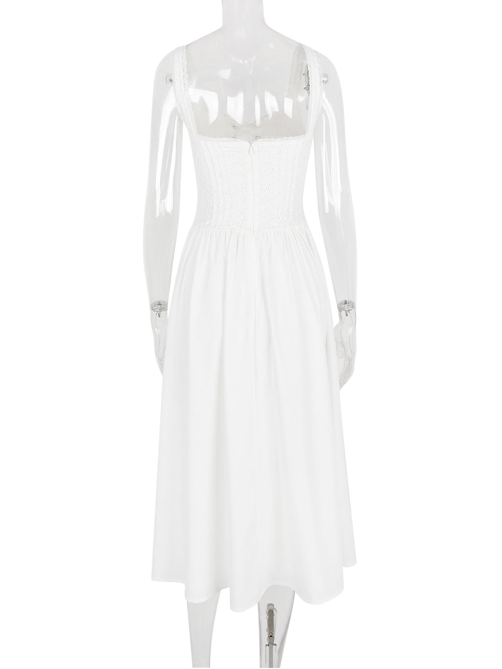 White Corset Dress Cutout Wide Strap Lace Trim Backless Cottagecore Midi Dresses