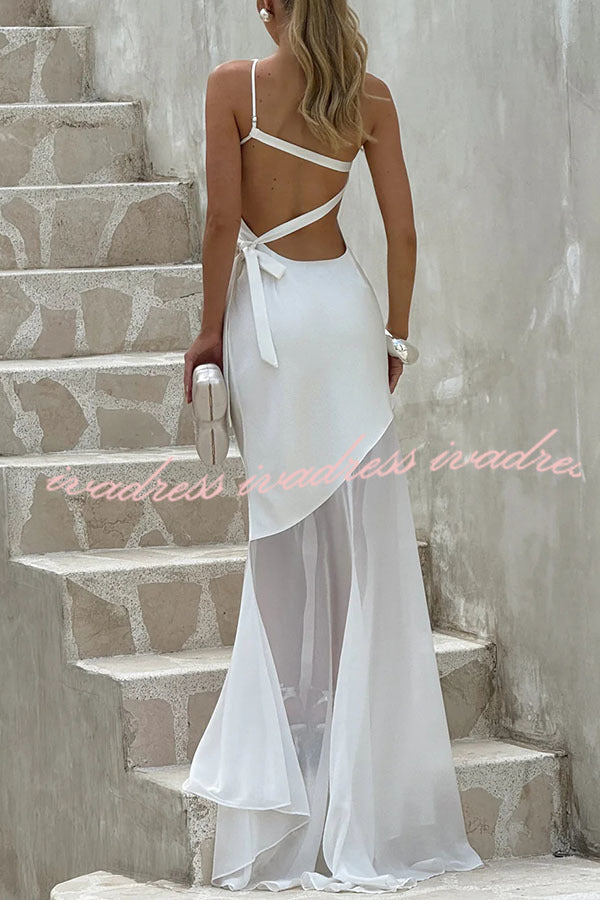 Fable Satin One Shoulder Back Adjustable Straps Contrast Chiffon Hem Maxi Dress