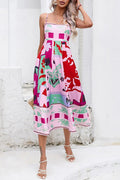 Abstract Floral Print Square Neck Spaghetti Strap Smocked Back Pocket Midi Dress