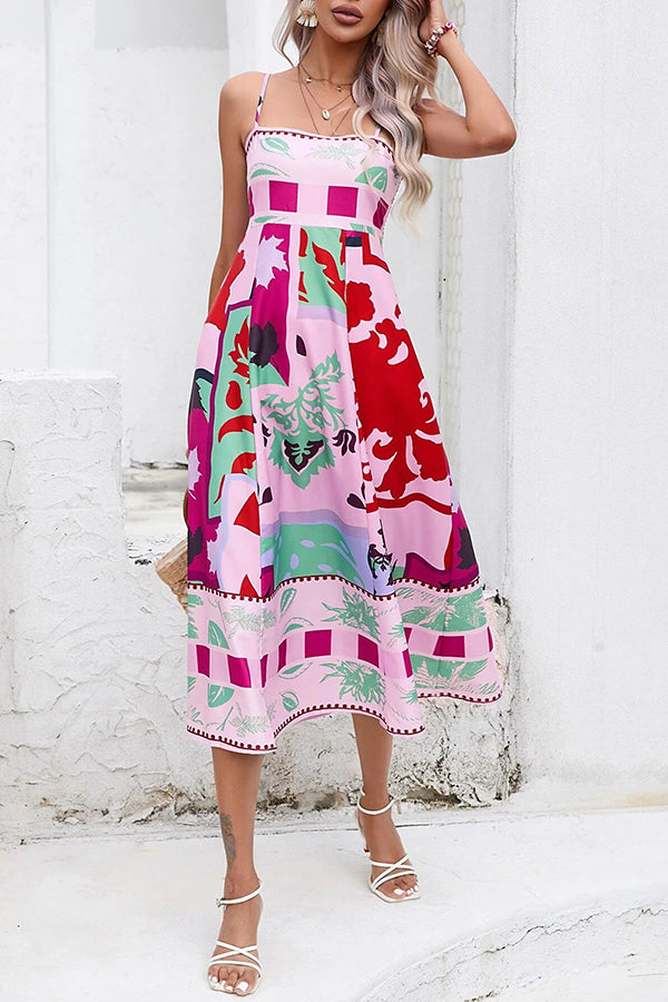 Abstract Floral Print Square Neck Spaghetti Strap Smocked Back Pocket Midi Dress