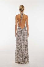 Polka Dot Halter Neck Deep V-Neck Ruched Waist Bodycon Maxi Dress