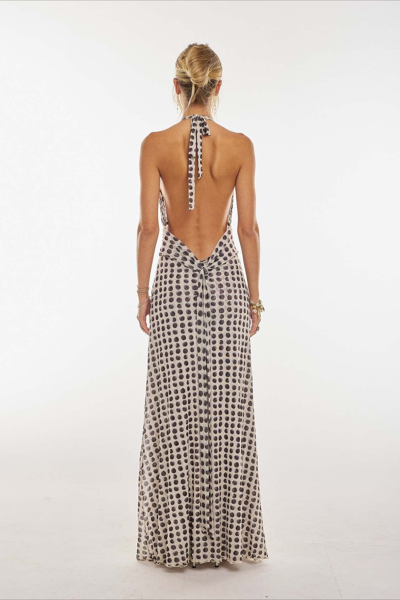 Polka Dot Halter Neck Deep V-Neck Ruched Waist Bodycon Maxi Dress