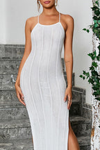 White Split Backless Tie Knit Cardigan Sweater Dress